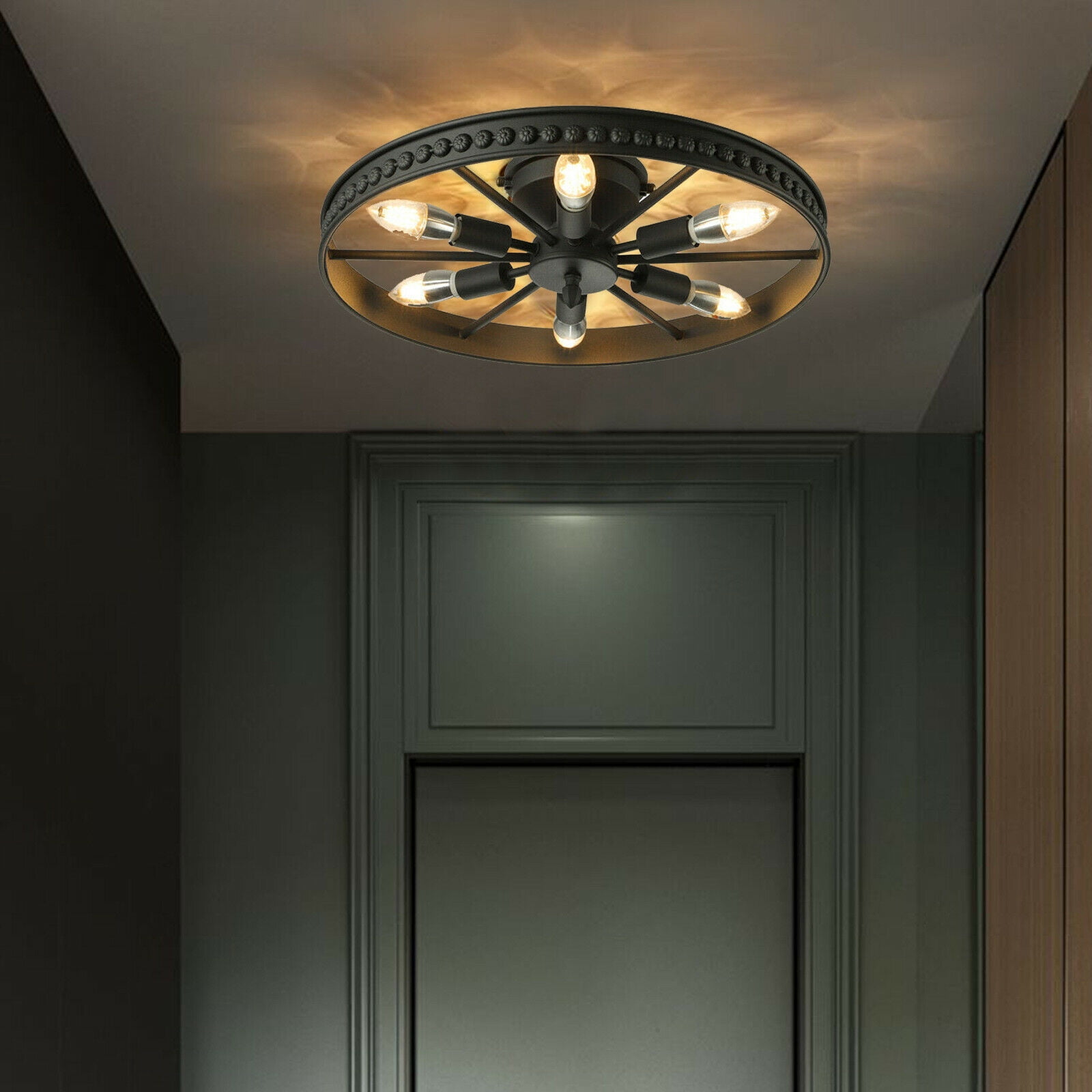Metal Wagon Wheel Semi Flush Mount Ceiling Light Fixture 6-Lights Rustic Farmhouse Ceiling Lighting Industrial Ceiling Lamp for Kitchen Island Dining Room Bedroom Foyer Hallway