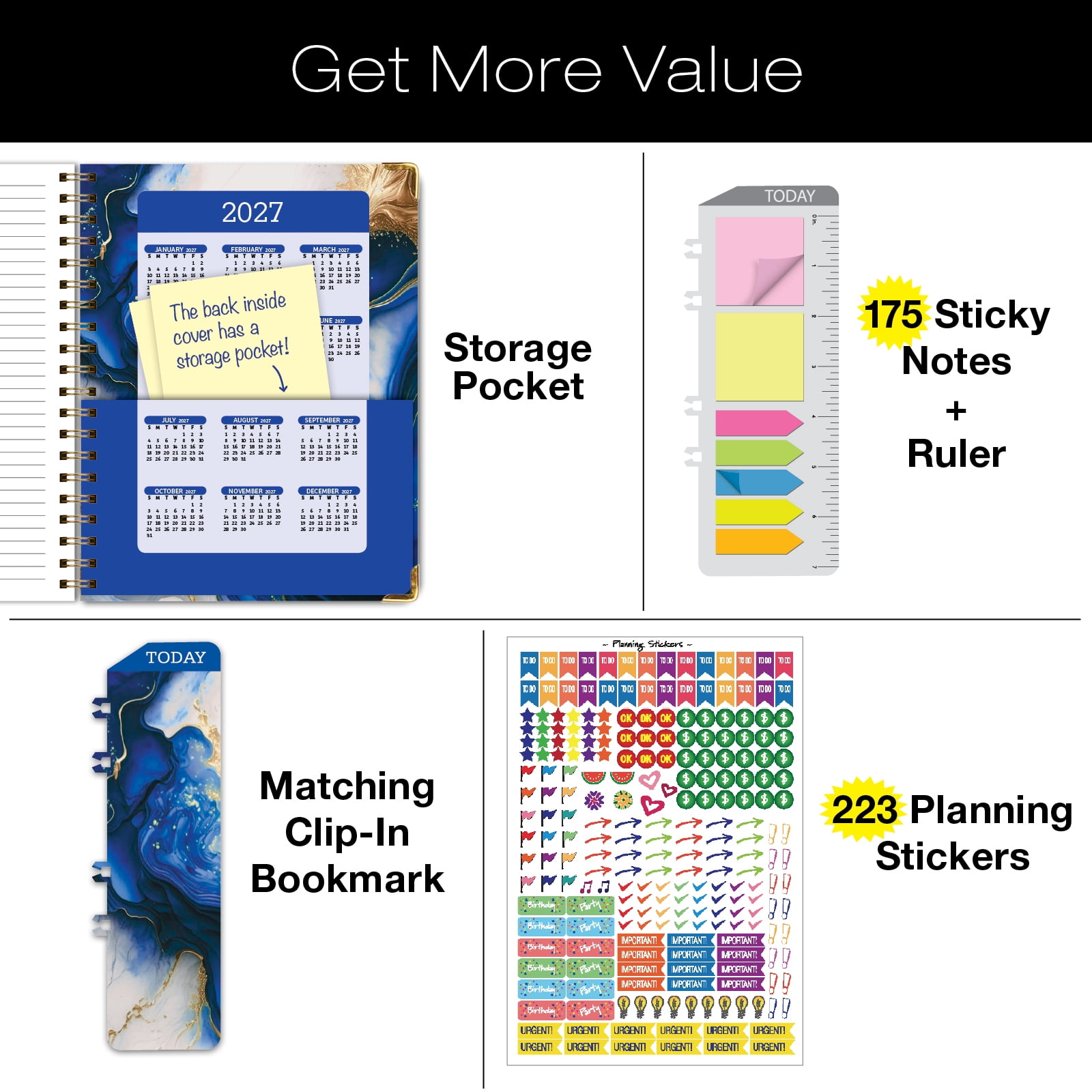 2026-2027 Excello Brands 8.5" x 11" Academic Year Hardcover Fashion Planner, Weekly/Monthly, 14 Month, Dark Blue Marble