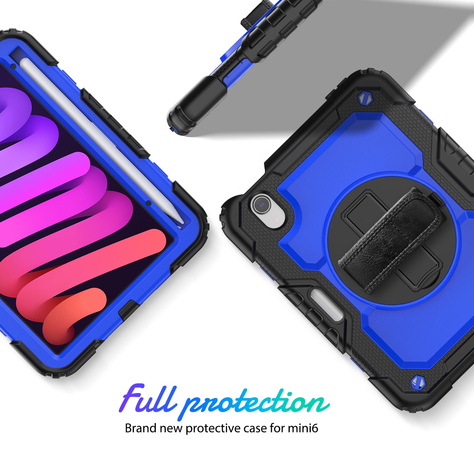 Shockproof Case for Apple iPad mini 6 /7 8.3" with Build In Screen Protector, Rugged Rotating Stand Shoulder Strap Pencil Holder Kids Friendly Bumper Case for Apple iPad mini 6/ Mini 7, Blue+Black