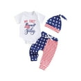 thumbnail image 2 of Aojekbee Baby Boy Patriotic Outfit Letter Print Short Sleeves Romper and Elastic Star Stripe Pants Beanies Hat Set, 2 of 10