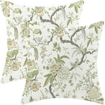 Chinoiserie Pillow Covers 18x18 Set of 2, Outdoor Olive Green Birds Flowers Throw Pillow Covers Linen Farmhouse Green Chinoiserie Decor Cushion Case Chinoiserie Home Decor for Couch Sofa