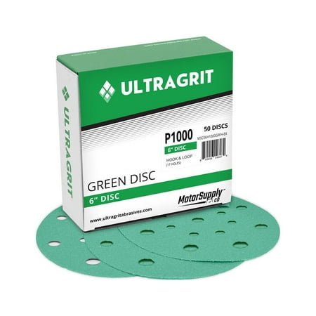 

UltraGrit Green 6” Sanding Disc Hook and Loop PET Film Backing P1000 Grit 17 Holes - 50 Discs per Box - Random Orbital Sandpaper