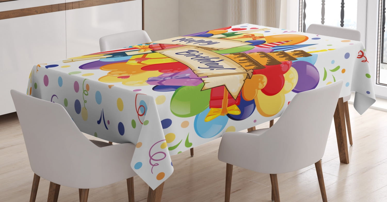Birthday Decorations Tablecloth, Colorful Joyous Burst with Champagne