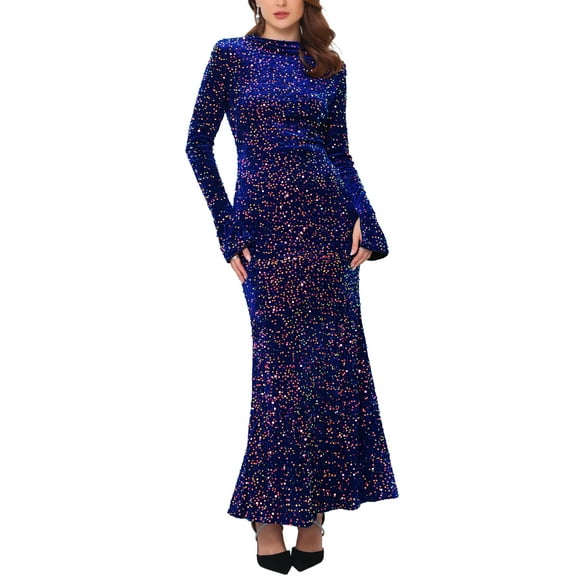 INSPIRE CHIC Women's Sequined Maxi Dress Velvet Crewneck Long Sleeve Cocktail Evening Bodycon Dress S Royal Blue