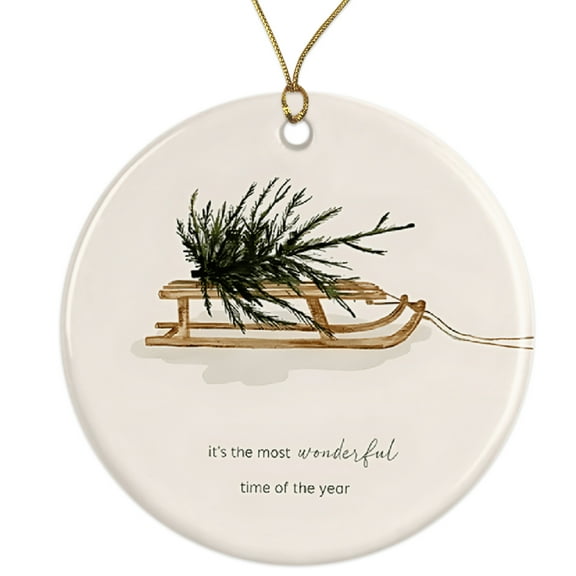 Wonderful Time Christmas Sleigh Ornament - Unique Winter Holiday Decor Gift Idea Ceramic Ornament - 3 Inch Christmas Tree Round Ornament - Xmas Holiday Decor - String Included - ORNW0266