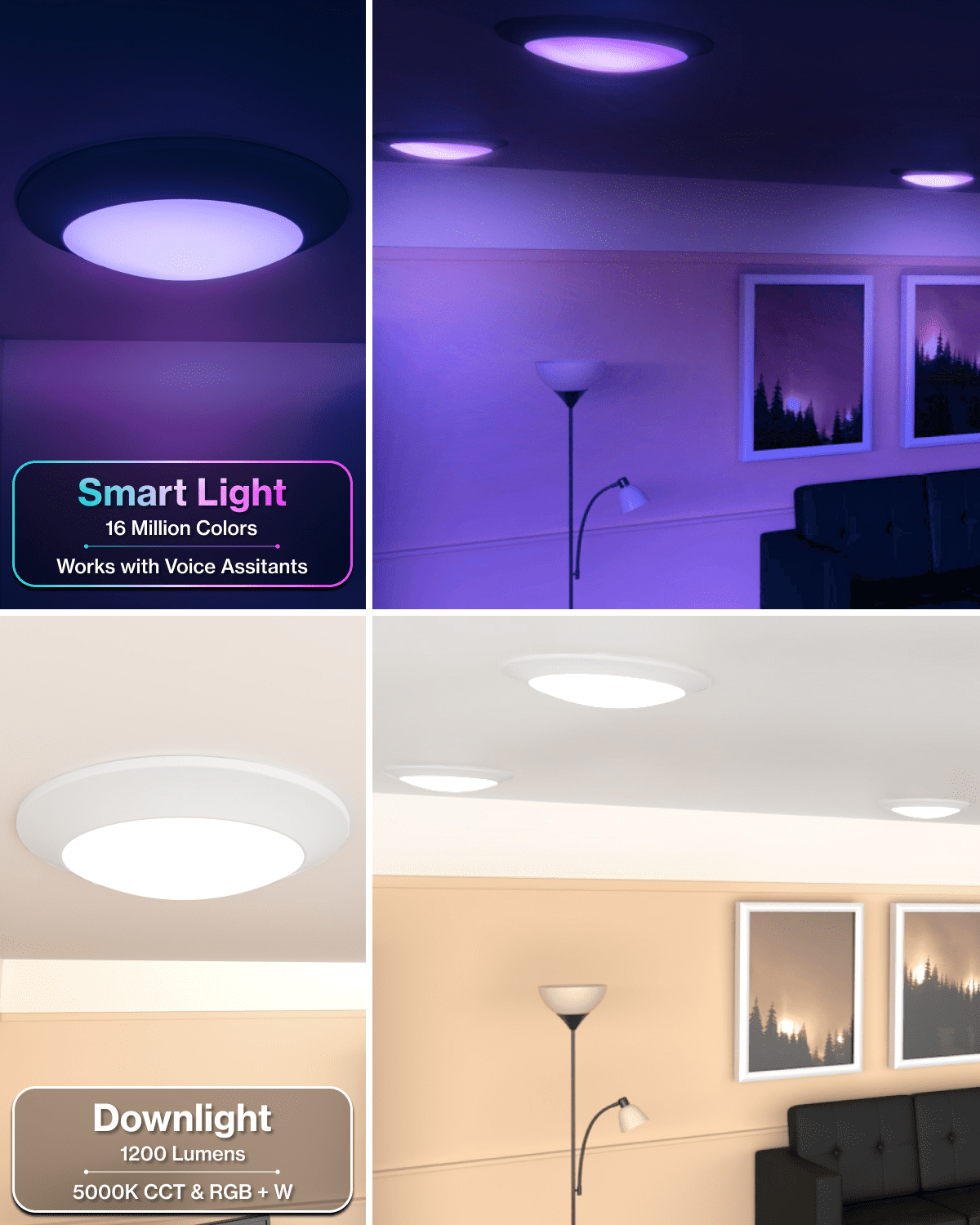Sunco 5/6 Inch Smart Disk LED Flush Mount Ceiling Recessed Can Light for Living Room, Bedroom, App Controlled Compatible with Alexa and Google, Dimmable, 15W, RGB+5000K Daylight, 1200 LM ETL 4 Pack