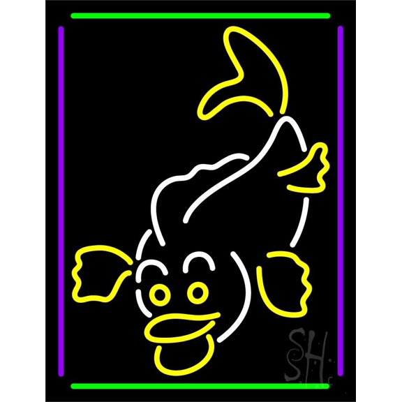 Fish With Border LED Neon Sign 19" Tall x 15" Wide - inches Black Square Cut Acrylic Backing, with Dimmer - Premium built indoor Sign for Club, Home décor, Event, Workshop, Storefront.