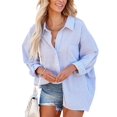 thumbnail image 3 of Women'S Oversized Button Down Shirts Business Casual Long Sleeve Blouse Work Striped Tops Blue XL, 3 of 9