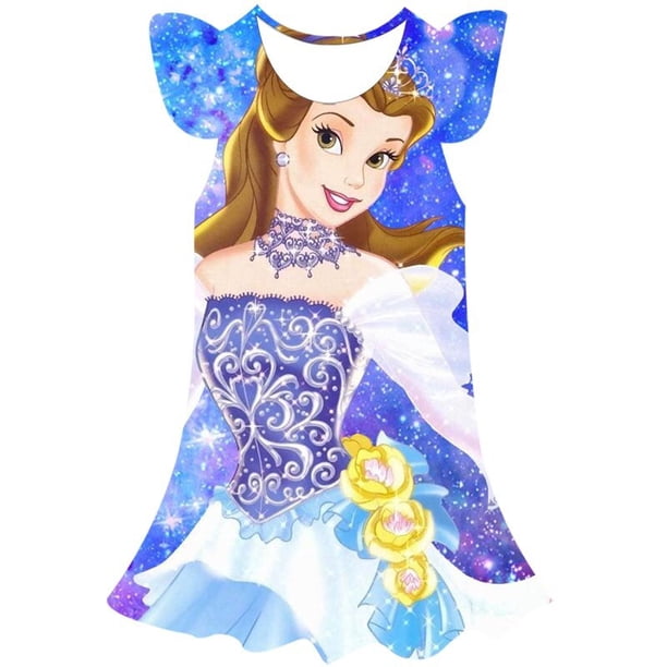 Año 2023, vestidos de niñas de Disney, ropa de princesa para niños, vestido de princesa Bella con estampado 3D de dibujos animados de Bella, moda de verano, 1-10 year6T Gao Jinjia LED