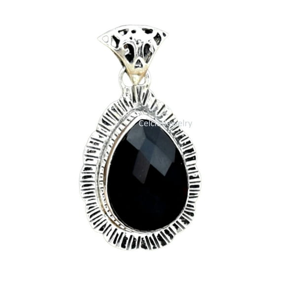 Pure 925 Sterling Silver Pendant For Men Women, Genuine Black Onyx Checker Pear Gemstone Amazing Handcrafted Jewelry For Her Him