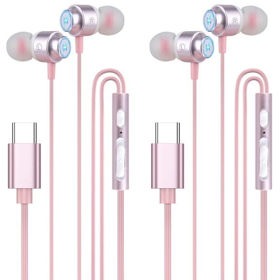 Usb C Headphones Wired Earbuds,2pack AILKIN Magnetic Type C Wired Earphones in-Ear with Mic Microphone Noise Canceling Type C Earbuds for Android Compatible with iPhone 15/16/17 Headphones Wired,Rose