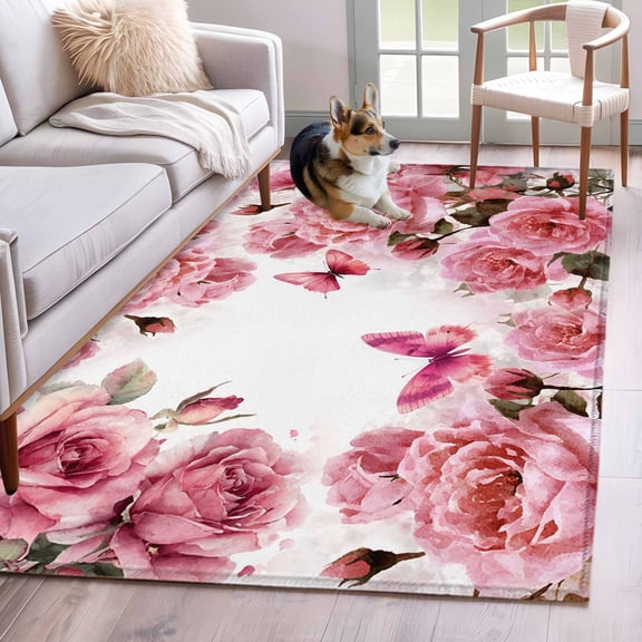Kitchen Mats for Floor 3x5 Ft, Pink Roses Non Slip Area Rugs for Kitchen Bedroom Entryway, Spring Floral Elegant Pastoral Butterfly Washable Carpet Runner Rug Floor Mats for Bedroom Home Decor