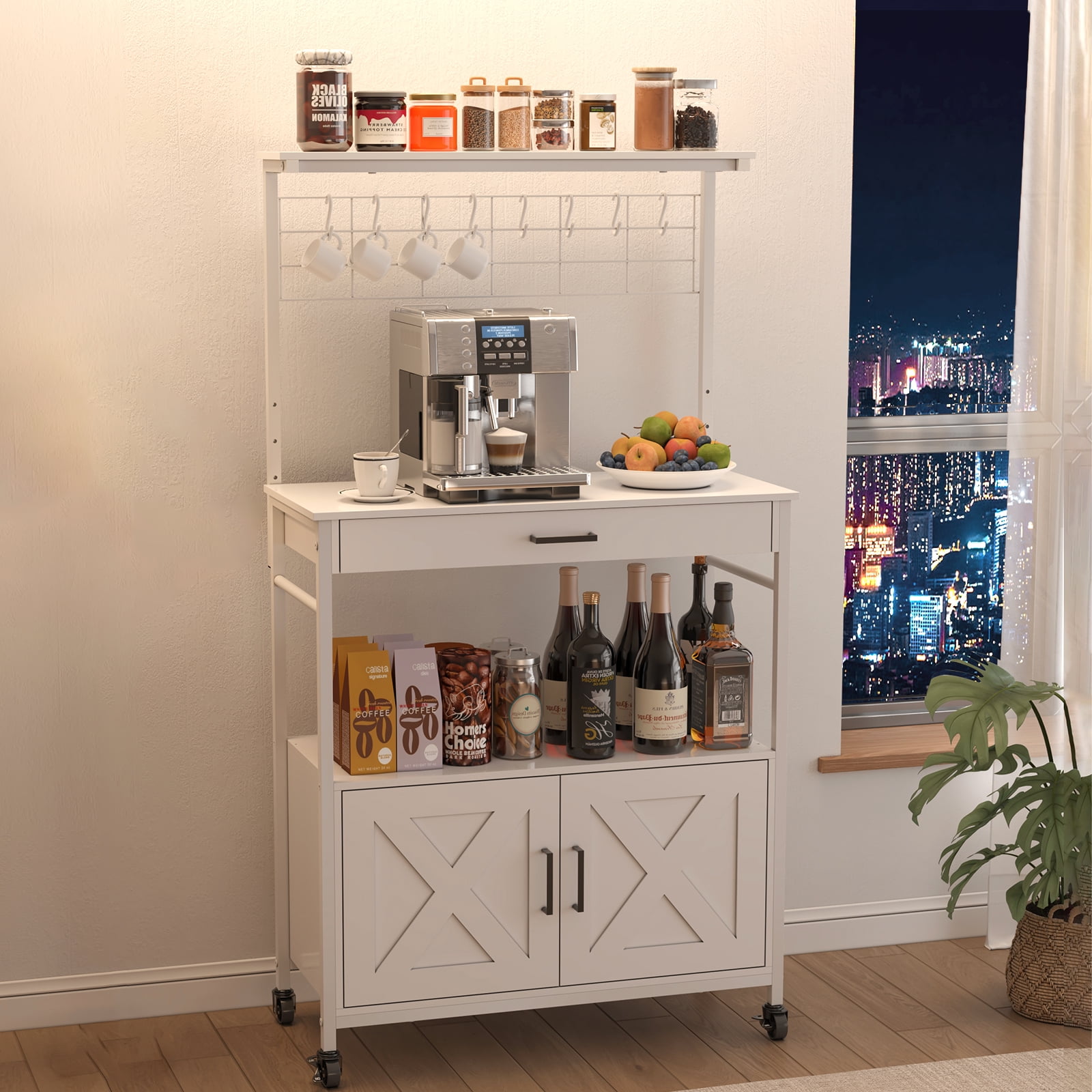 Behost Baker's Racks with Cabinet, Kitchen Adjustable Storage Shelves for Microwave Cart Oven Stand Coffee Bar, White