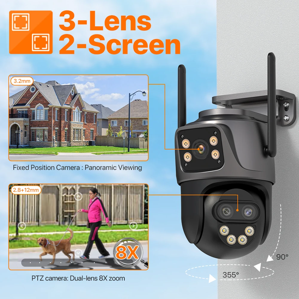IP Camera 6K 9MP HD WiFi Outdoor Camera 8x Zoom Three Lens Dual Screen Home Security PTZ Camera 6MP Video Surveillance