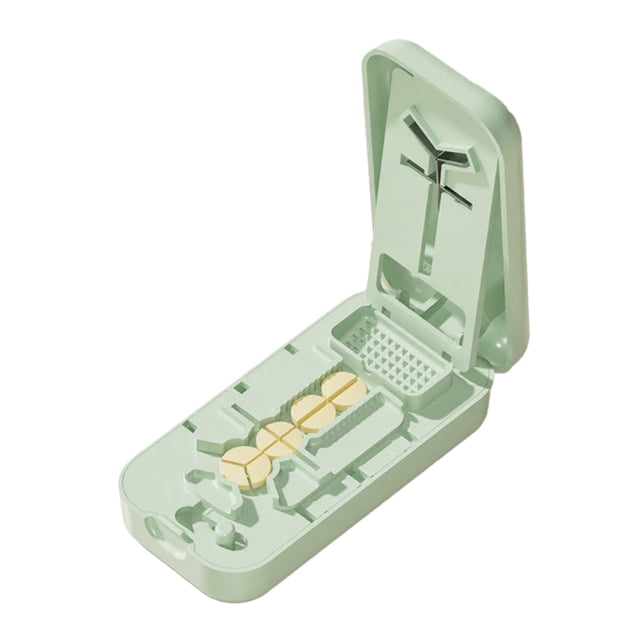 Cortador de pastillas portátil con compartimento de almacenamiento, 2 en 1, multiusos, cortador de pastillas de 1/2, 1/3 y 1/4, organizador de cápsulas y tabletas.