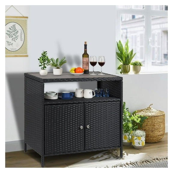 TROPOW Patio Outdoor Wicker Storage Cabinet - Convenient Access, & Weather-Resistant, Versatile Usage - Black Grey