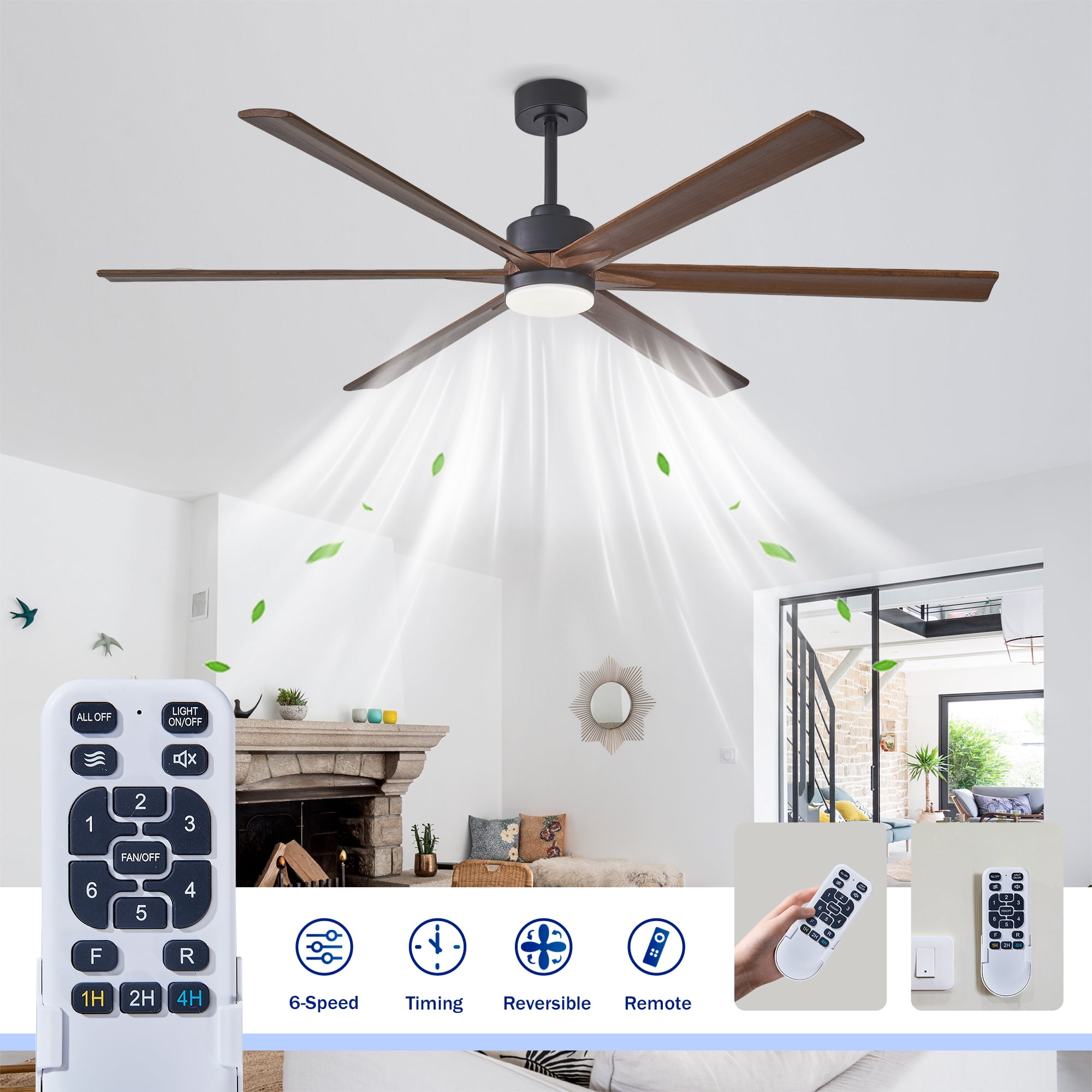 Leumius 70" Ceiling Fan with Lights Quiet DC Motor Ceiling Fans 6 Speed Levels,Reversible Ceiling Fan for Patio Living Room Bedroom Black + Red Walnut