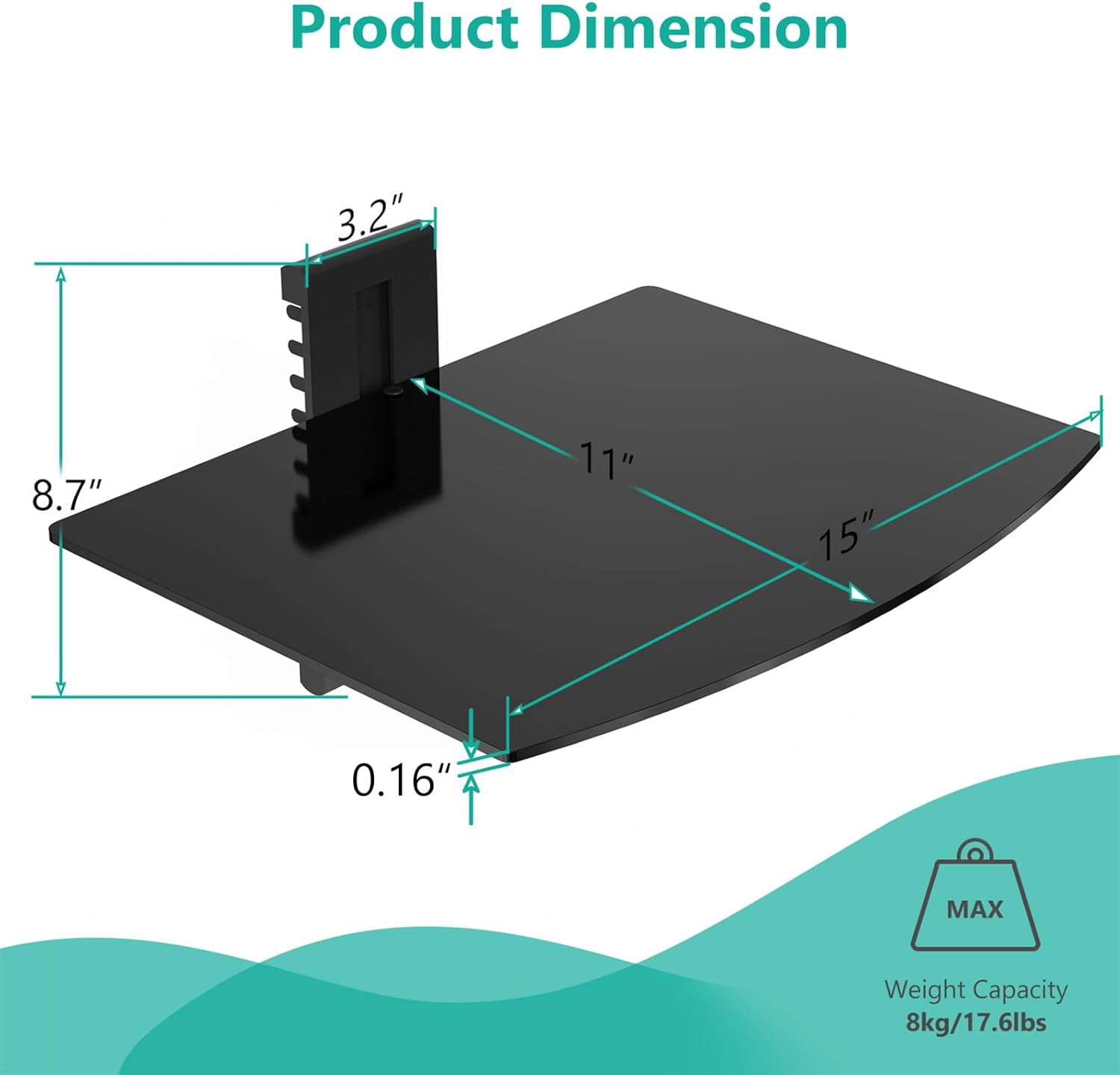 Floating TV Shelf, 1 Tier Glass Projector Shelf for DVD Players, Routers, Game Consoles, Cable Boxes, Living Room Decor, Wall Mount Shelves Hold Up to 17.6lbs (CS201B), 1-Shelf, Black