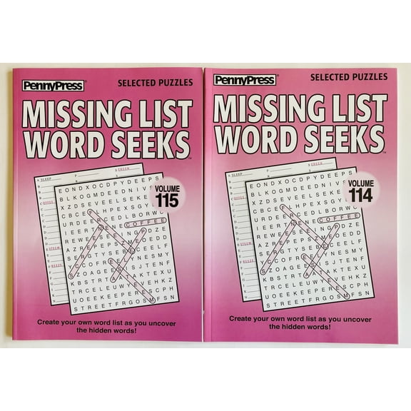 Volumes 114 and 115 of the Missing List Word Search Seek Puzzles from the Penny Press Selected Puzzle Series