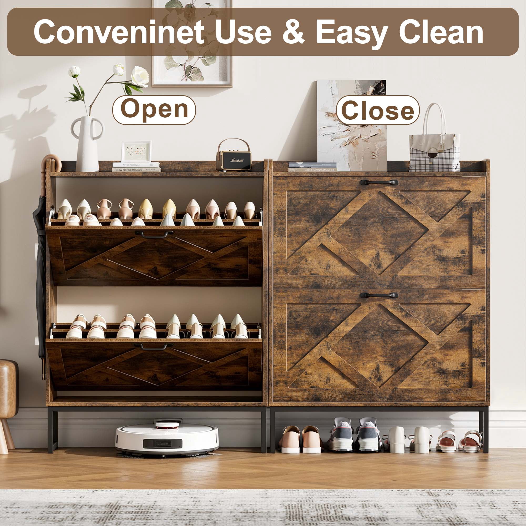 Skyhill Shoe Cabinet with 2 Flip Drawers,Farmhouse Shoe Organizer for Entryway,Brown