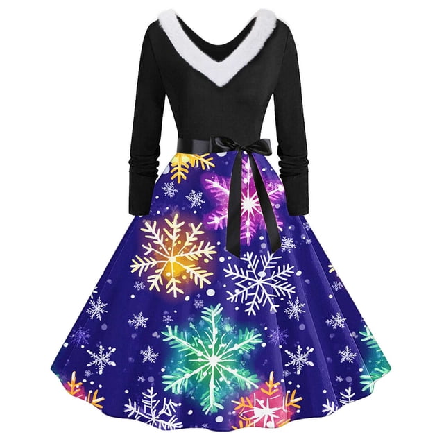 TIMIFIS Robes de Noël pour Femmes, Robes Maxi pour Femmes Robe Vintage de Vacances Manches Longues Col en V en Fourrure Robe Dos Nu