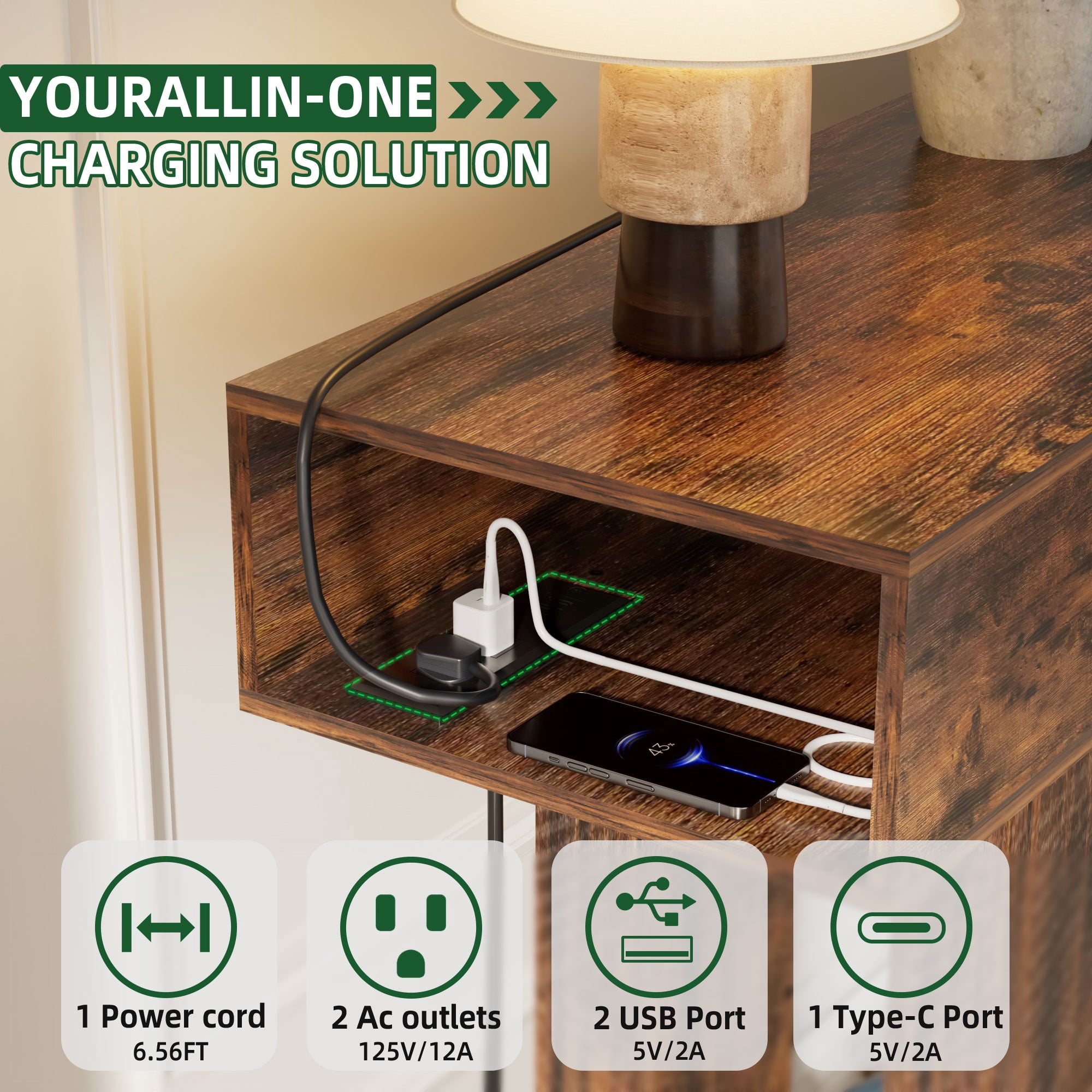 63" Long Console Table for Entryway, Holaki Console Table with Charging Station and 2 Drawer, Wooden Rectangular Sofa Table Behind Couch, Farmhouse Entryway Table for Hallway Living Room Entrance