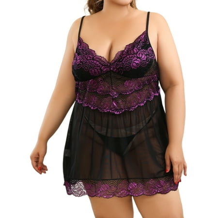 LilyLLL Plus Size Nightdress Womens Bralette Lace Lingerie Babydoll Sleepwear Robe