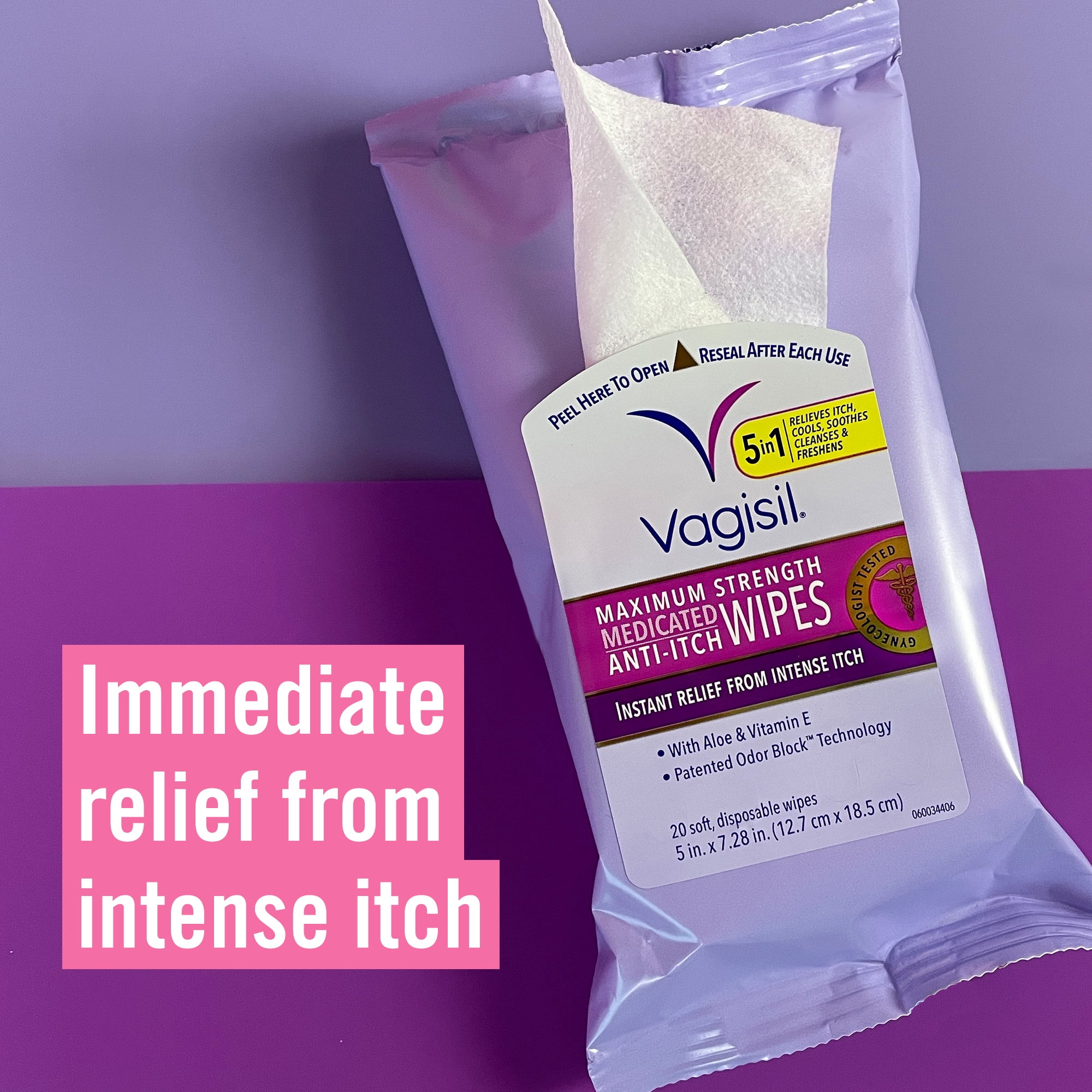 (2 pack) Vagisil Anti-Itch Medicated Feminine Vaginal Wipes, Maximum Strength for Instant Relief, 20 Count, 3 Pack