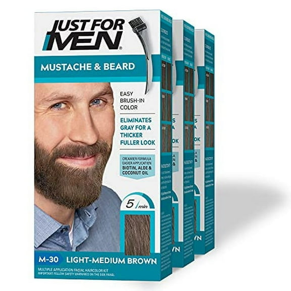 Just For Men Mustache & Beard, Beard Coloring for Gray Hair with Brush Included for Easy Application, With Biotin Aloe and Coconut Oil for Healthy Facial Hair - Light-Medium Brown, M-30, 3 Pack