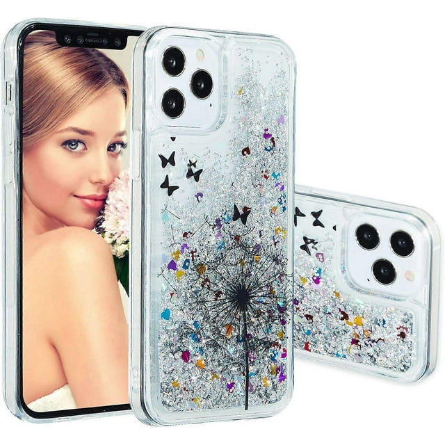 Funda para iPhone 12 (6,1 pulgadas), TPU suave transparente, diseño elegante con corazones, purpurina, arena movediza brillante, funda líquida fluida