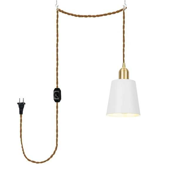 KAYYELAMP Corded Pendant Light 15 Feet Dimmable Switch Plug in Cord White Barrel Metal Lampshade E26 Brass Base Vintage Design Metal Hanging Lamp for Kitchen Bar Bedroom(No Bulb)
