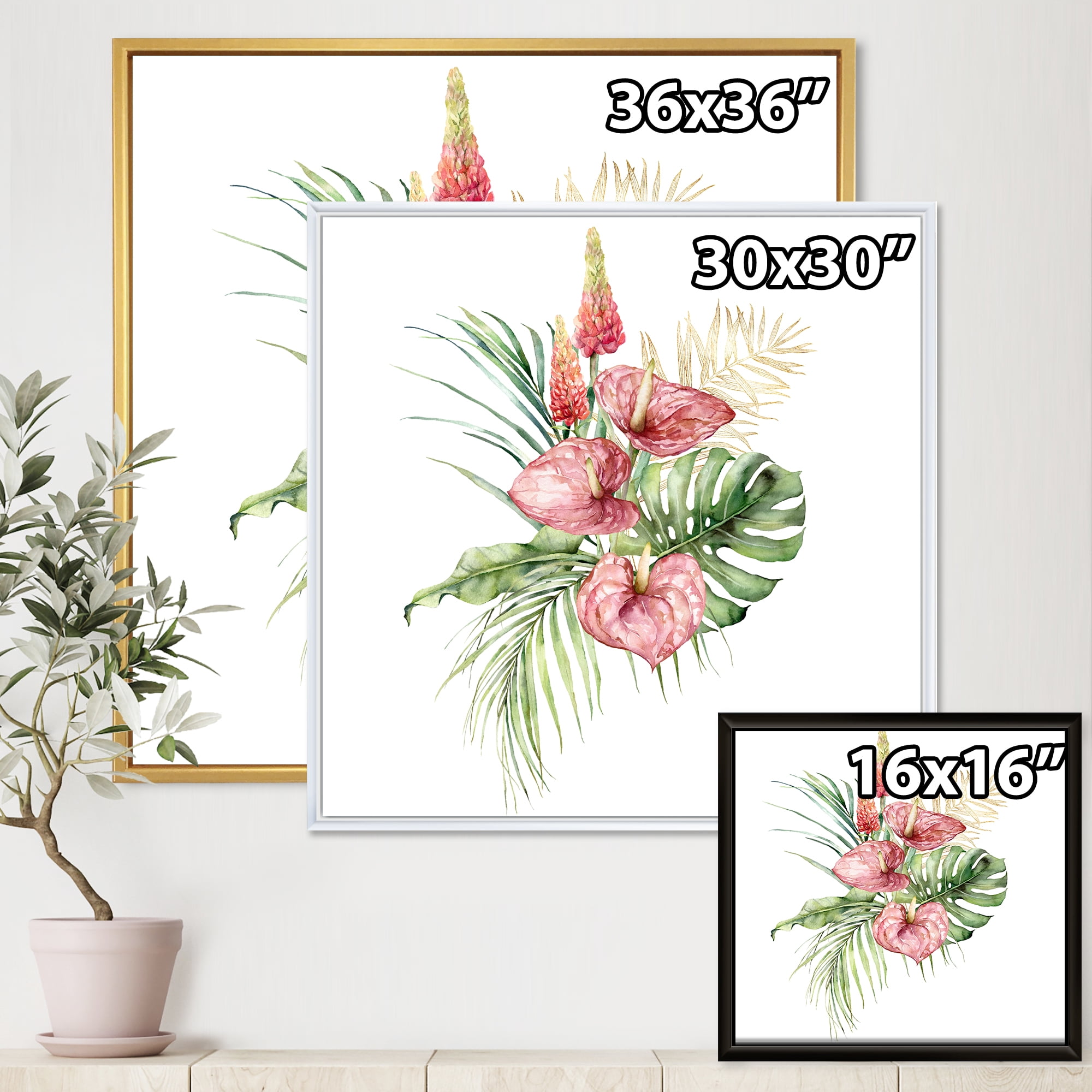 Designart 'Tropical Bouquet With Anthurium Lupine and Leaves On White I' Traditional Framed Canvas Wall Art Print