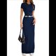 thumbnail image 2 of Vestido de Noche Ajustado, Elegante, Informal, con Cuello Redondo y Mangas para Mujer Azul Oscuro L, 2 of 9