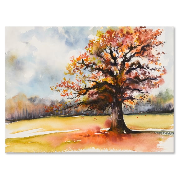 Designart ' Lone Oak Tree In The Fields With Autum Leaves ' Traditional Canvas Wall Art Print