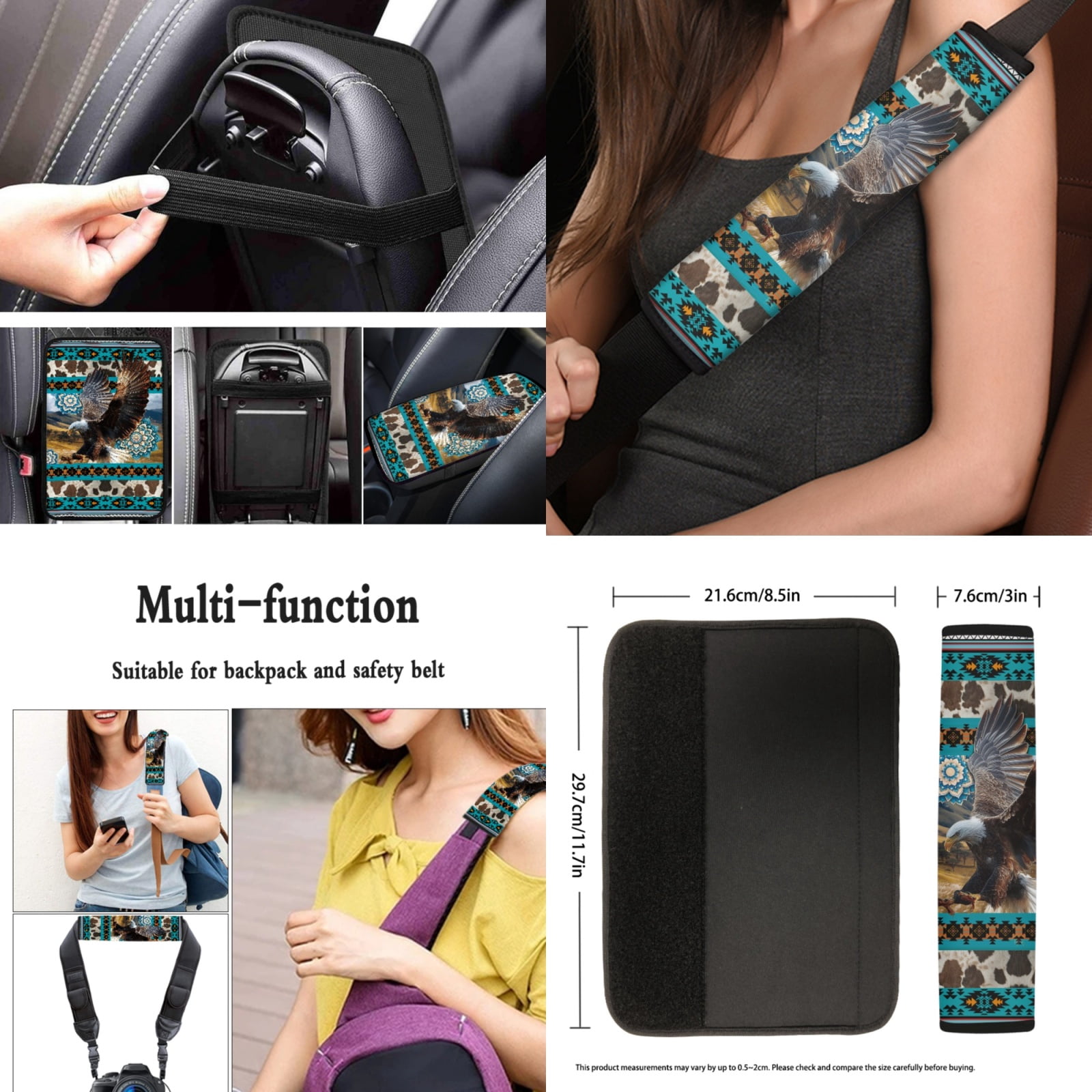 Yuyamidu Eagle Car Seat Cover Set of 13 Southwest Aztec Steering Wheel Cover Seat Belt Covers Car Armrest Cover Cup Holders Keychain 13 PCS Auto Accessories