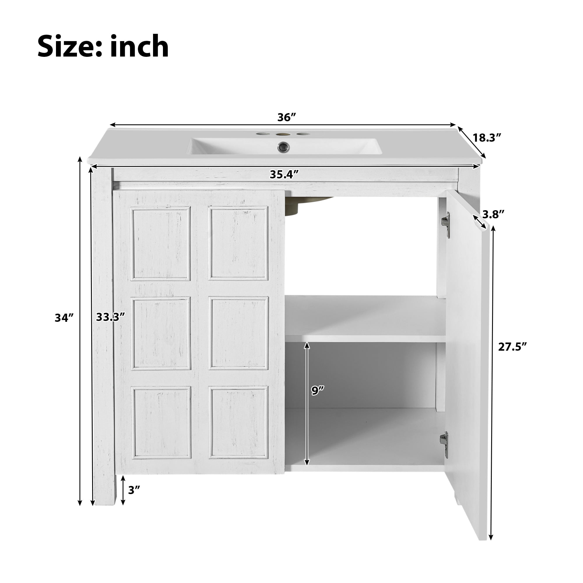 Euroco 36 " Bathroom Vanity Organizer with Ceramic Sink, Set Bathroom Storage Cabinet,Antique White