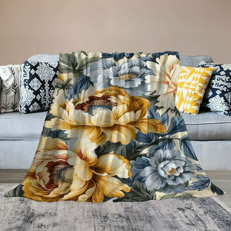 Shiartex Fine Crafted Yellow Dusty Blue Grey Flower Blanket Yellow