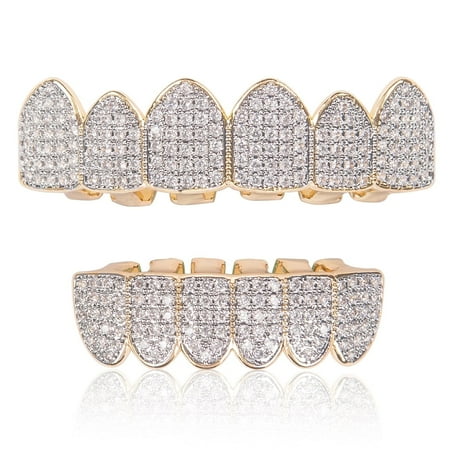 18K Gold Plated Diamond Hip Hop Teeth Grillz Top Bottom Mouth Grill Set Custom
