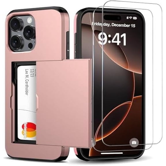 MYKOMI for iPhone 16 Pro Wallet Case with Card Holder 2 Tempered Glass Screen Protector Protective Shockproof Hidden Card Slot Slim Case Women Men iPhone 16 Pro 6.3″ 2024