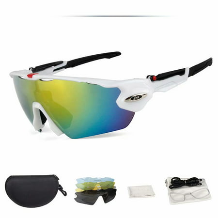 Emovendo Polarized Sports Sunglasses with 5 Lens and Short-sighted Lens Frame Anti-Fog Anti-UVA/UVB Glasses for Outdoor Activities Cycling Running Driving Hiking Fishing -White