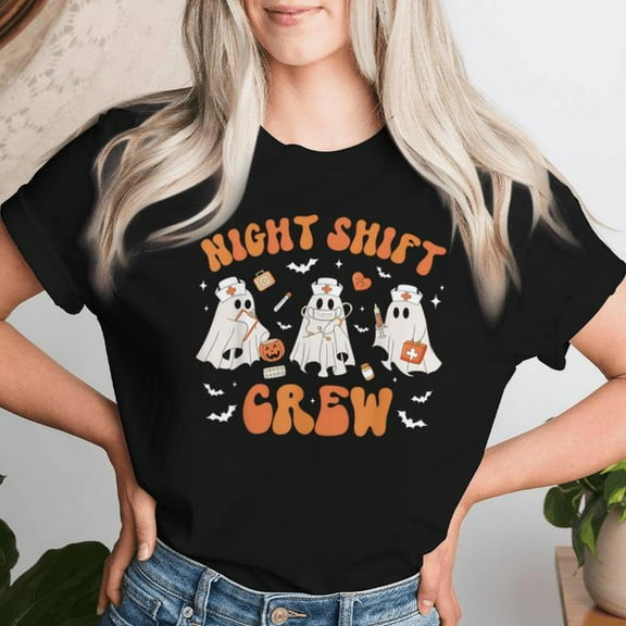 Night Shift Boo Crew Health Worker Halloween Ghost Nurse Women's T-Shirt, Spooky Nurse Shirt, Halloween Tee for Healthcare Workers, Ghost Design for Night Shifters