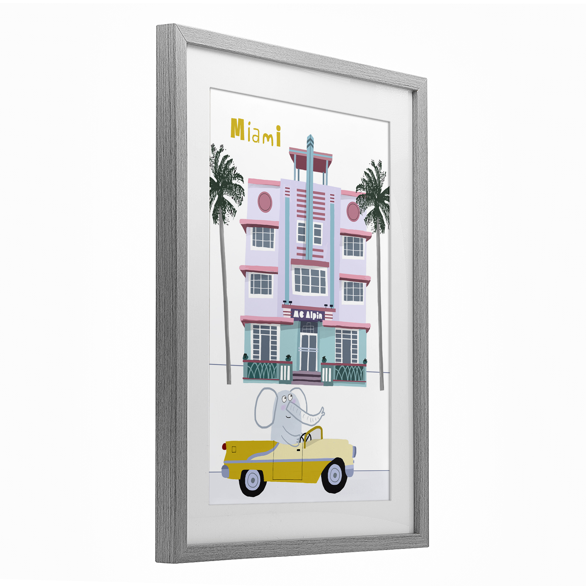 Elephant & Miami Hotel Gray Framed Print Under Glass, design by Carla Daly