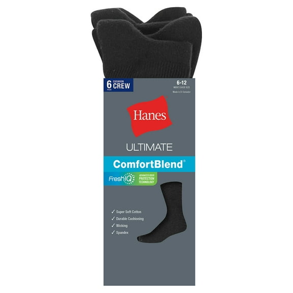 Hanes Classics Men's Crew Socks 6-Pack Black 10-13