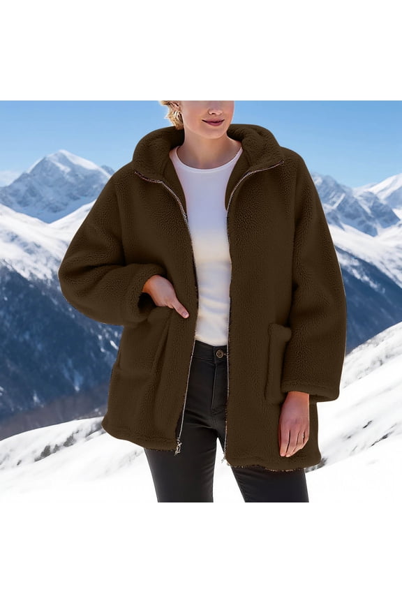 Womens Fleece Hoodie Jacket Winter Warm Soft Fluffy Fuzzy Teddy Hooded Coat Full Zip Up Thick Sweatshirt Cardigan with Pockets Ladies Sherpa Hoodie Blanket Jumper Hoody Sweater Overcoat Brown L