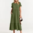 thumbnail image 2 of Womens Dresses Short Sleeve Summer Crewneck Swing Flowy Tiered Maxi Beach With Pockets Casual Dress Army Green L, 2 of 7