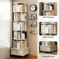 thumbnail image 3 of PORKISS 6 Tier Rotating Bookshelf, 360° Display Rotating Bookcase with Wheels and Drawer, Corner Storage Rack, Book Organizer Shelves for Home Office, Living Room, White, 3 of 10