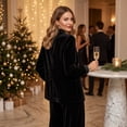 thumbnail image 5 of Szluipve 2 Piece Sets for Women Velvet 2 Piece Suit Outfit Notched Lapel Button Blazer Jacket & High Waist Wide Leg Pleated Pants Elegant Casual Matching Set with Pockets Black L, 5 of 8