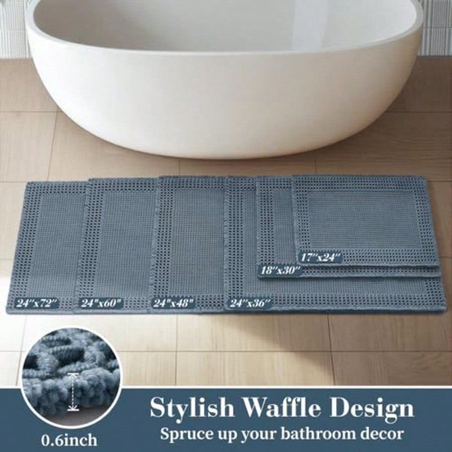Waffle Bathroom Runner Rugs Er Absorbent Bath Mat Non Slip Washable Quick Dry Upgraded Ultra Soft Boho Bath Rugs With Tassels For Hallway Bedroom Laundry Room 2'x4' 24"X48" Blue