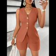 thumbnail image 4 of Conjuntos de Verano de 2 Piezas para Mujer, Sin Mangas, con Cuello en V, Abotonado, Chaleco y Pantalones Cortos con Bolsillos. Marrón L, 4 of 10