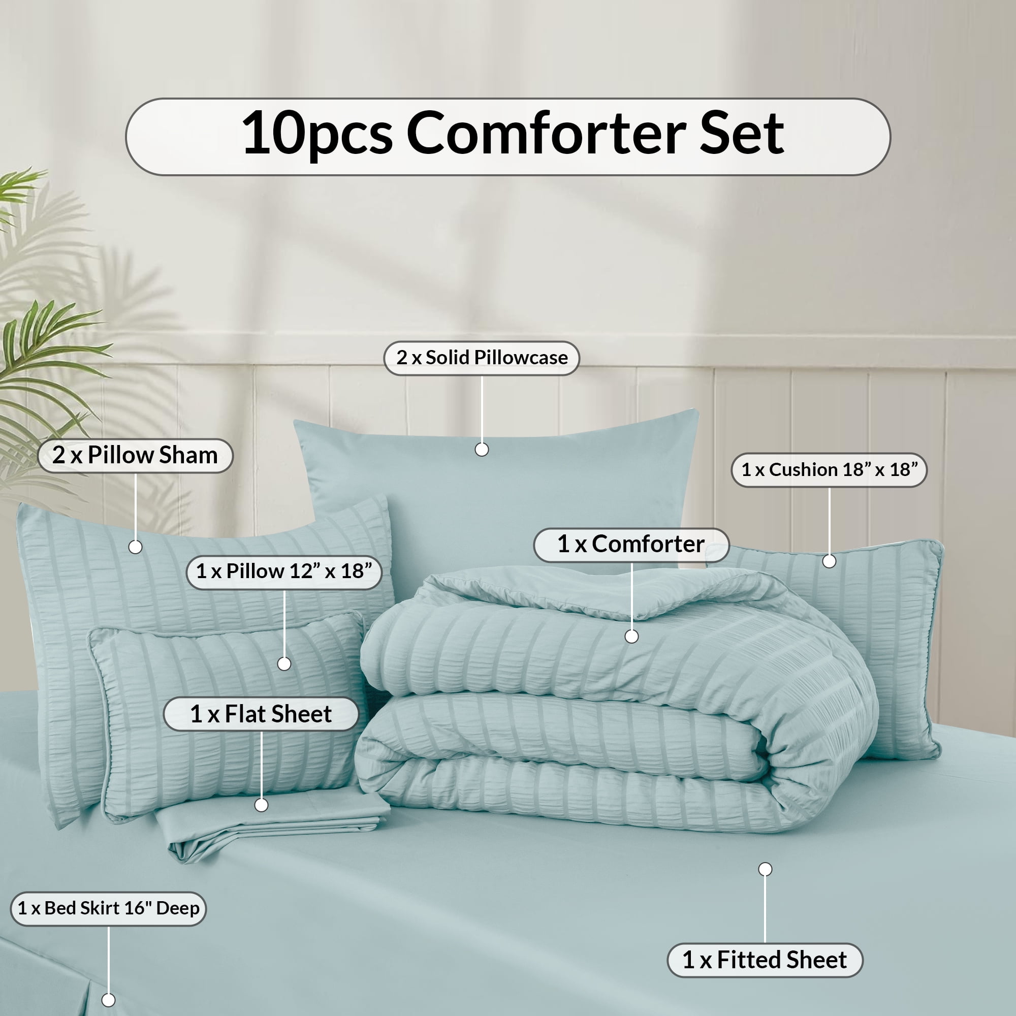 Lux Decor Collection King Seersucker Bedding Comforter Set – All-Season 10 Pieces Bed in a Bag Includes Comforter, Sheets, Pillow Shams, Bed Skirt & Decorative Pillows for Ultimate Comfort, Aqua Blue